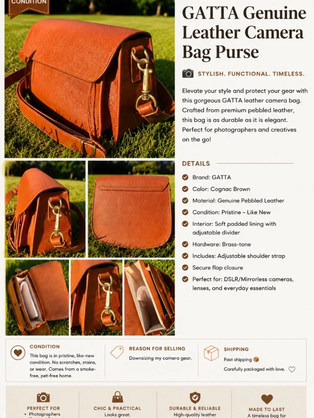 GATTA Leather Camera Bag Crossbody Purse Cognac Brown